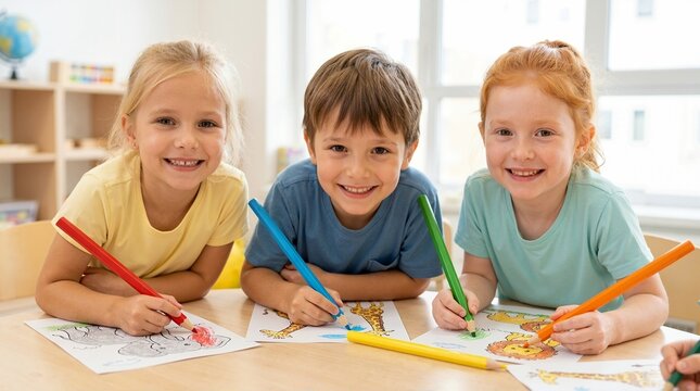 Happy children coloring animal drawings with colored pencils. Group of kids doing art activities at a classroom table