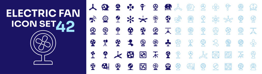 Electric fan flat and outline stroke icon pack featuring table fan, ceiling fan propeller, centrifugal blower, turbine fan, window fan, and air cooler. © tanbirmiah