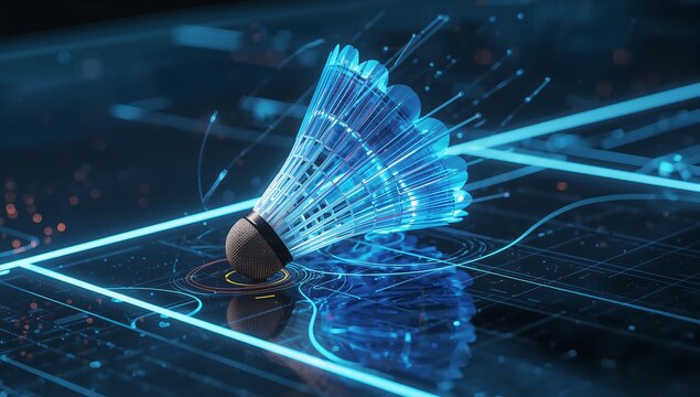 Generative AI visualizes a high-tech digital shuttlecock with luminous blue lines