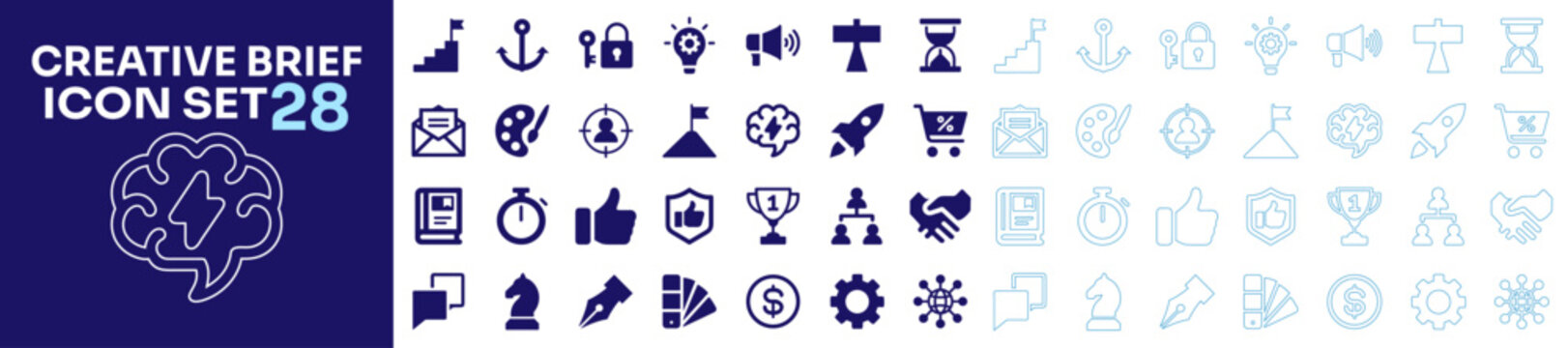 Creative Brief flat and outline stroke icon pack featuring brainstorming, audience targeting, innovation, megaphone, trophy, and color palette symbols.