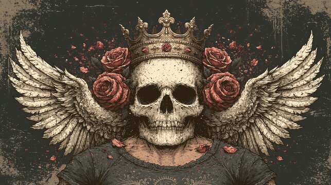 King's skull, adorned with roses and wings, decorates clothing.