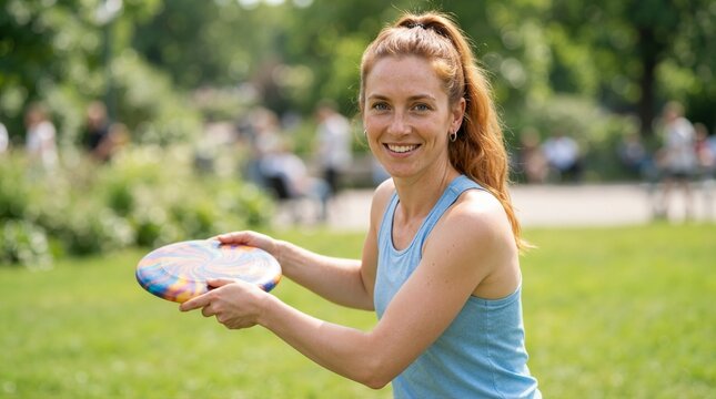 Smiling young woman holding a colorful frisbee disc in a green park. Active female ready to throw a flying disc outdoors