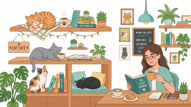 Cozy cat cafe with a woman reading and enjoying coffee surrounded by several cats lounging on shelves and furniture. The cafe has a warm and inviting atmosphere.