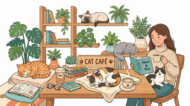 A cozy cat cafe scene with a woman enjoying a coffee while surrounded by several sleeping cats and lush plants. Bookshelves filled with books and plants add to the charming atmosphere
