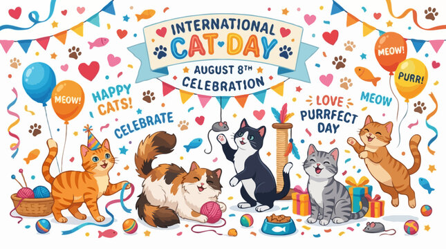 International Cat Day celebration with cute cat characters, balloons, bunting and playful elements. This festive illustration highlights August 8th as a special day for cat lovers.