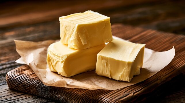 Butter on baking paper rests on a wooden surface.