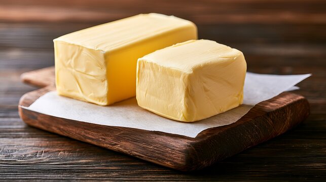 Butter on baking paper rests on a wooden surface.