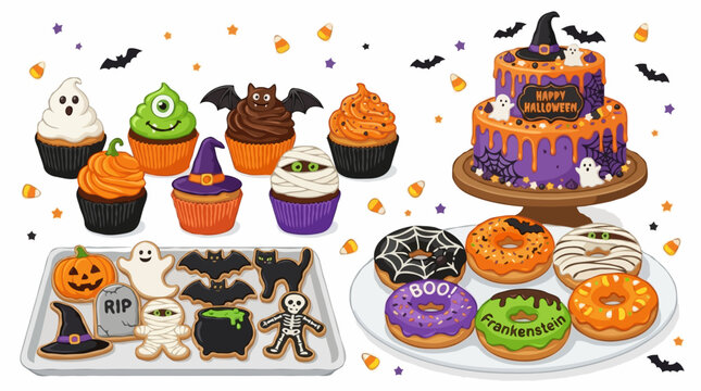 A festive spread of Halloween treats, including a tiered cake, cupcakes, cookies, and donuts, decorated with spooky and fun themes