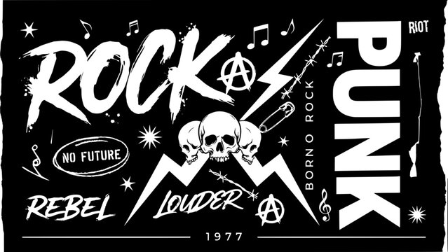 Rock Punk Poster with Skull and Musical Notes on Black Background Featuring Rebel, Louder, No Future with 1977 and Music Elements