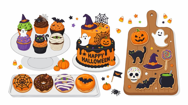 A spooky and delicious spread of Halloween treats including cupcakes, a cake, donuts, and cookies decorated with festive icons.