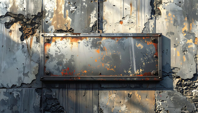 Grungy metal plate with rust and peeling paint, textured background, industrial grunge aesthetic