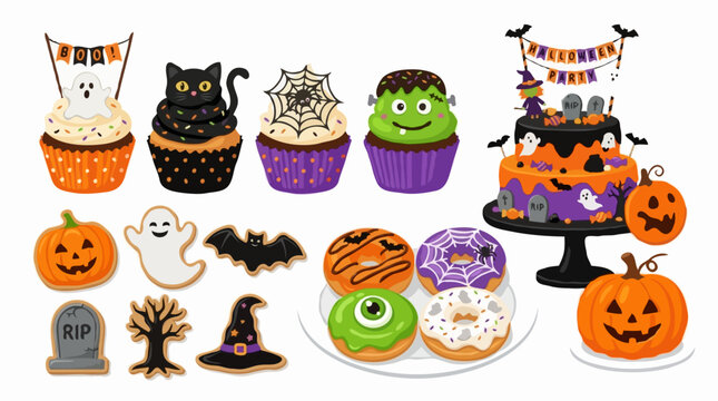 A delightful collection of Halloween-themed treats, including cupcakes, cookies, donuts, and a cake, all decorated with spooky and festive elements such as pumpkins, ghosts, bats.