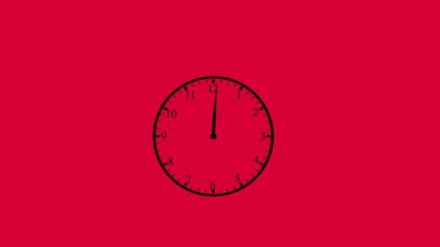 Clock spinning, watch animation on red background with alpha channel. Clock icon flat style. 12 hours clock dial , twenty-four hours time lapse animation.  Clock moving timer clock rotation animatio