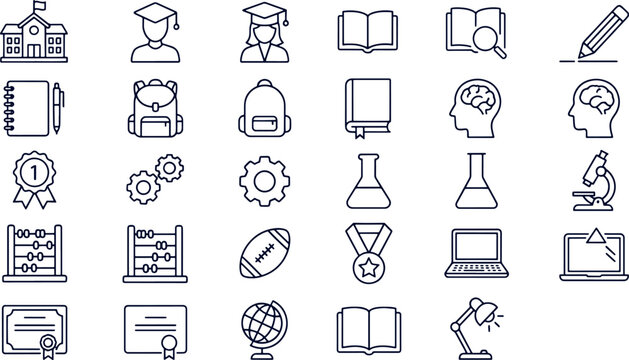 Set of education and school line icons with education learning university academic knowledge classroom backpack graduation laboratory microscope calculator training research