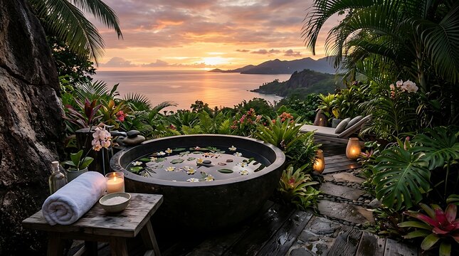 Tropical Outdoor Bathtub Oasis at Sunset with Ocean View.