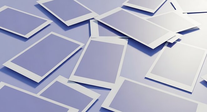 Overlapping blank photo frames scattered mess.
