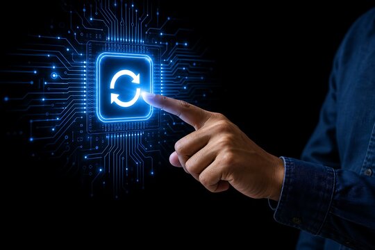 Hand pointing at glowing digital refresh icon on futuristic circuit board background