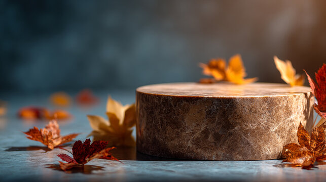 Circular stone pedestal for product showcase surrounded by fall leaves
