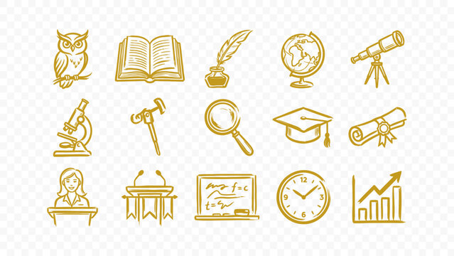 knowledge study art literature book library globe history wisdom education doodle handmade ink scribble flat line art vector illustration icon bundle set calligraphy drawing design intellectual