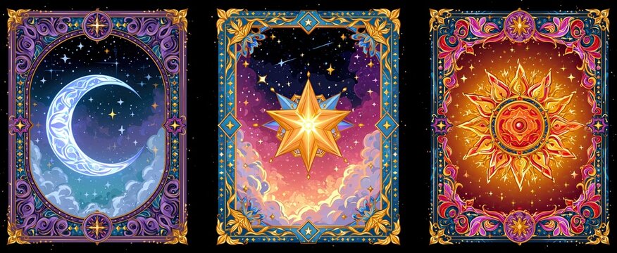 In a cosmic setting, vibrant tarot cards display the Star, Moon, and Sun symbols for spiritual inspiration.