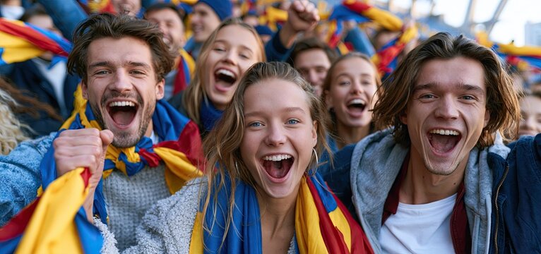 At a lively stadium, enthusiastic supporters wave scarves and cheer during an exciting daytime soccer game.