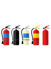 Obraz premium Different fire extinguishers are displayed in a line, showing various colors and types for fire safety compliance in an industrial area.
