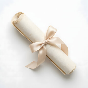 Elegant antique paper scroll tied with a delicate silk ribbon against a clean white studio background
