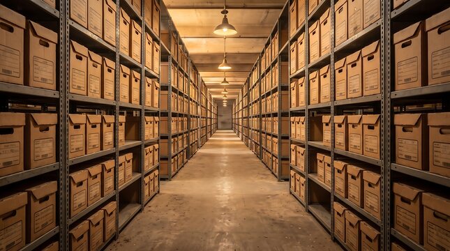 Rows of stacked archive boxes on industrial shelving units filling vast long narrow corridor inside large temperature controlled document storage facility warehouse.