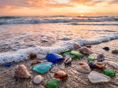 Colorful Sea Glass and Seashells on a Sandy Beach at Sunset with Gentle Waves.