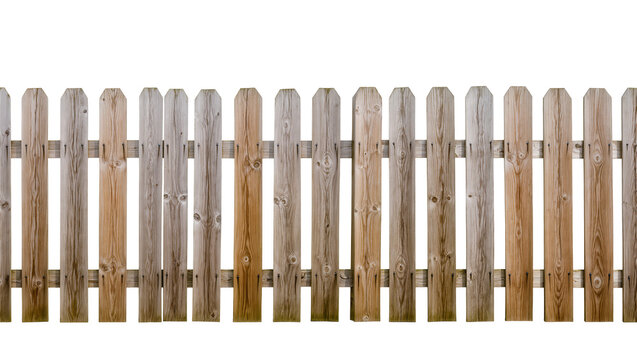 Isolated weathered rustic wooden picket fence section with natural brown wood texture