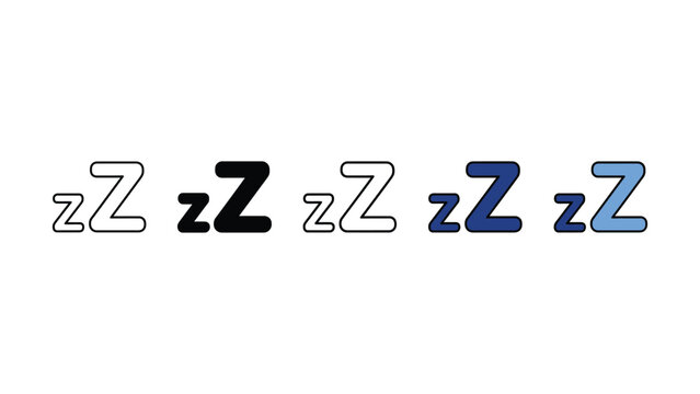 Five different colored sleep zzzz icon in various styles and colors side by side on a white background