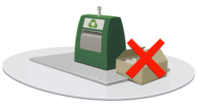 Red cross symbol prohibiting leaving cardboard boxes outside a green public underground recycling container, showing forbidden bad habit and illegal dumping (cut out)