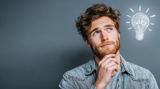 Young professional male thinking creative solution holographic light bulb icon floating above head modern minimalist office interior design vision