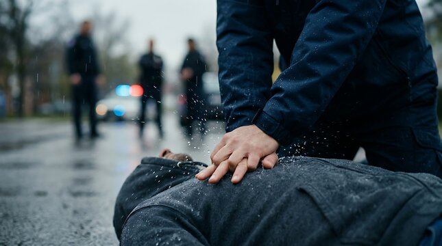 Bystander performing CPR on an unconscious person on a wet street with emergency services in the background.