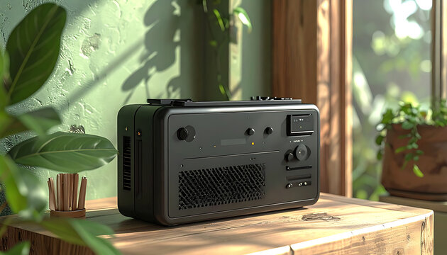 Black Radio Sits on Wooden Table.