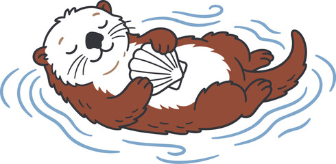 Obraz premium Cute Cartoon Sea Otter Floating on Back in Water and Holding a Seashell for Children Book Illustration Stickers and Patterns
