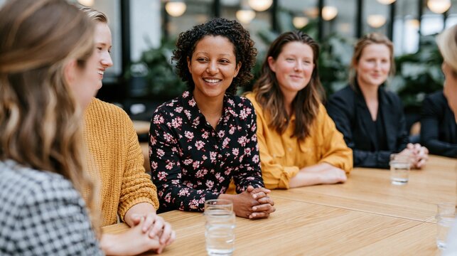 Diverse group of women collaborating and smiling in a modern coworking space