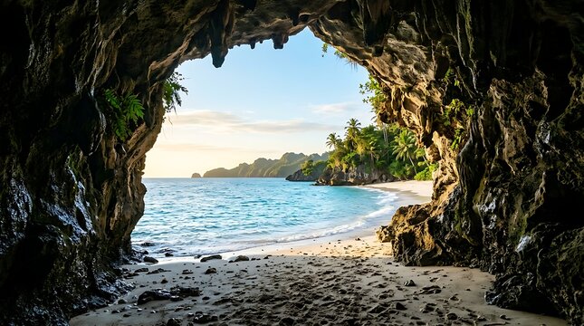 View from a dark cave opening looking out to a bright tropical beach and ocean.