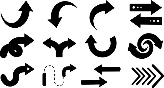 Black silhouette arrow icons set with various shapes and curves