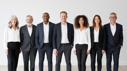 Obraz premium Diverse group of professionals in business attire standing together against a white background