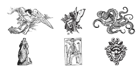 Vintage etching set featuring mythical beings including angel fairy octopus woman skeleton gorgon head mythology skeleton engraving mystical © vectorstudio