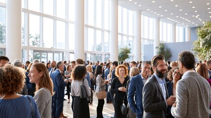 Obraz premium Diverse professionals networking and conversing at a large corporate event