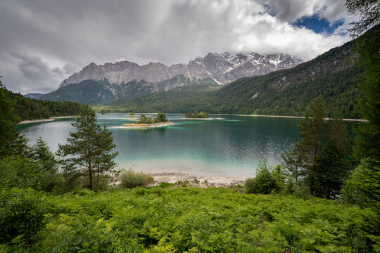 Eibsee Lake with Zugspitze Mountain in Bavaria Germany