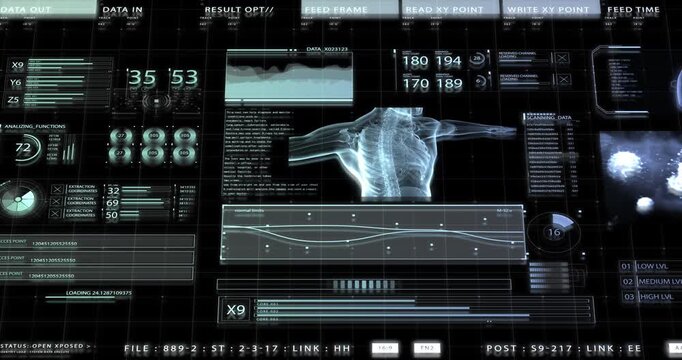 A futuristic medical interface displays an X-ray body scan surrounded by data readouts, graphs, and analysis panels on a dark screen.