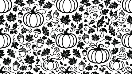 Seamless autumn pattern featuring black silhouettes of pumpkins, maple and oak leaves, acorns, mushrooms, and berries on a white background for fall harvest and seasonal design. © Berkah