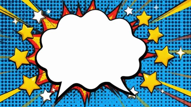 Bright blue dotted background with a white speech bubble for comic effect