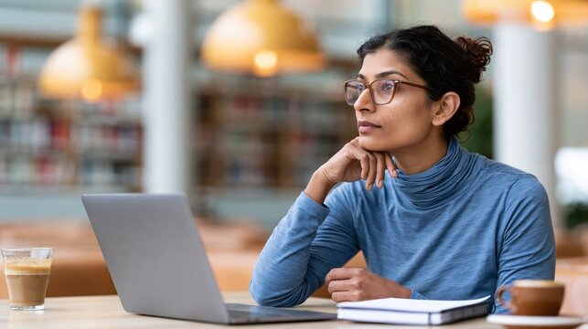 Thoughtful professional woman with glasses working on a laptop in a cafe