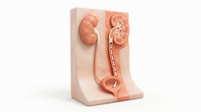 Kidney and ureter cutaway block showing the renal filtration structure