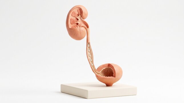 Kidney connected to the ureter and bladder on a clean display base
