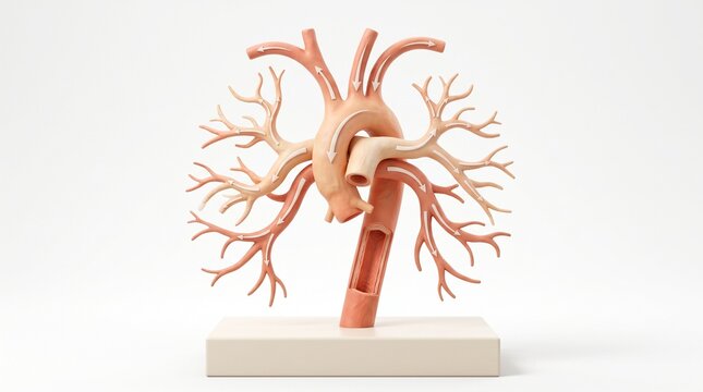 Human heart with the branching pulmonary vessel tree on a display base